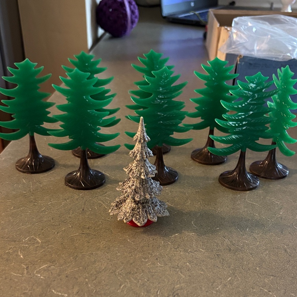 Vintage Christmas Plastic Train Set Trees 8 in set plus silver bonus one